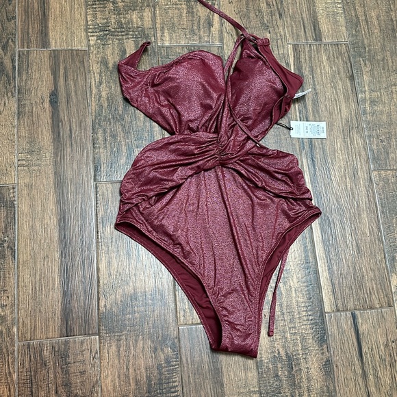 Women's Monokini Plunge Cut Out High Leg Lurex One Piece Swimsuit - Picture 2 of 6